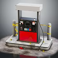Red and Black Gas Station Fuel Pump with Yellow Warning Posts and Concrete Base