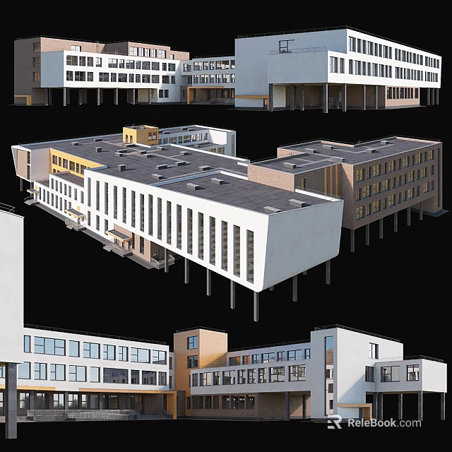 Modern Office Building Complex With White Brown Facade And Large Windows 3d model