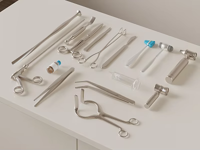 Stainless Steel Medical Instruments Including Forceps Scissors And Test Tubes On White Table 3d model