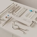 Stainless Steel Medical Instruments Including Forceps Scissors And Test Tubes On White Table