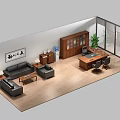 Modern Office Interior With Sofa Coffee Table Desk Chair Bookcase Green Plant And Glass Partition