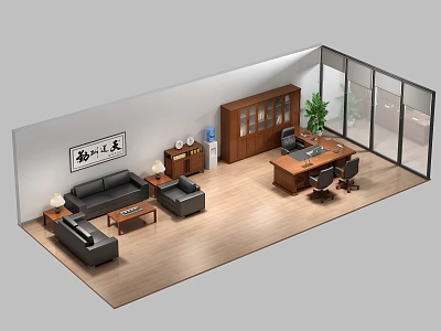 Modern Office Interior With Sofa Coffee Table Desk Chair Bookcase Green Plant And Glass Partition 3d model