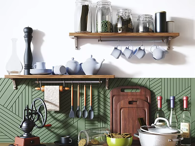 Organized Kitchen Storage With Green Patterned Wall Wooden Shelves Glass Jars Hanging Mugs And Cooking Utensils 3d model