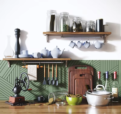 Organized Kitchen Storage With Green Patterned Wall Wooden Shelves Glass Jars Hanging Mugs And Cooking Utensils 3d model