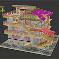 Cartoon Scene of Multi Story Building With Green Roof Wooden Balconies And White Walls