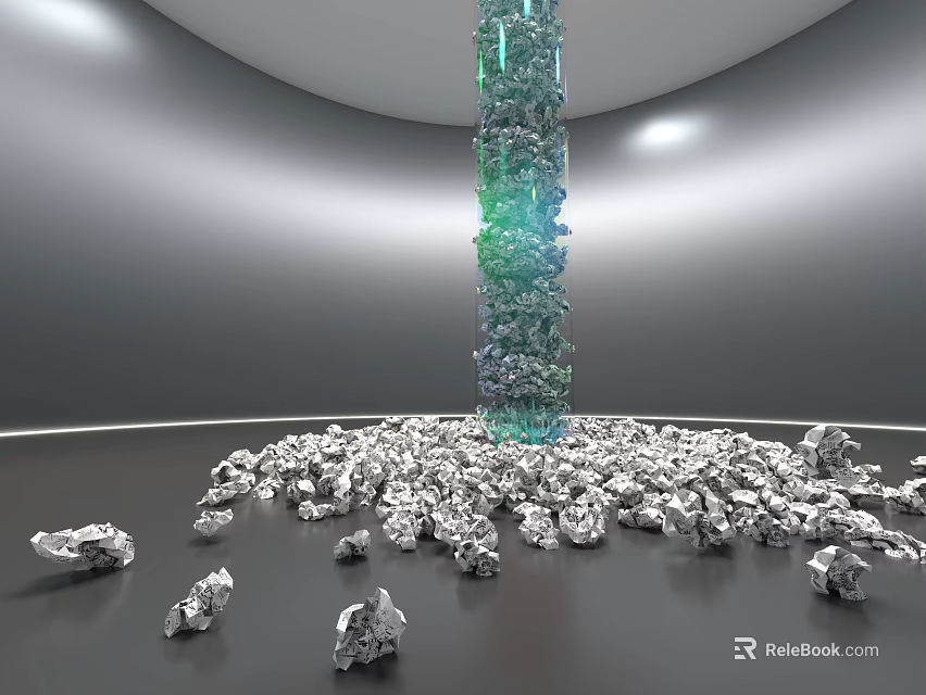 Tall Columnar Sculpture with Green Blue Gradient and Silver Sculptural Pieces in Indoor 3d model 