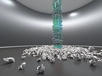 Tall Columnar Sculpture with Green Blue Gradient and Silver Sculptural Pieces in Indoor 3d model