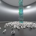 Tall Columnar Sculpture with Green Blue Gradient and Silver Sculptural Pieces in Indoor