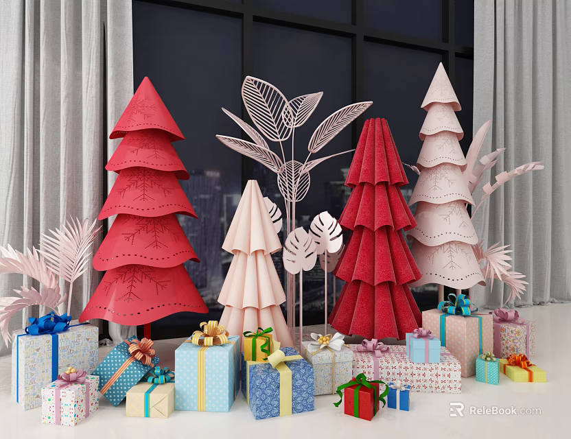 Red Pink Paper Cone Trees With Paper Leaves And Festive Gift Boxes Arrangement 3d model 