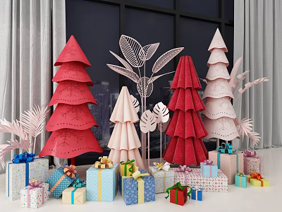 Red Pink Paper Cone Trees With Paper Leaves And Festive Gift Boxes Arrangement 3d model