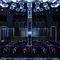 Stylish Bar Interior With Monochrome Geometric Lines Hanging Blue Lights Large Screen And Tables
