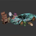 Blue Classic Race Car With Vintage Radio Wooden Cabinet And Trophies
