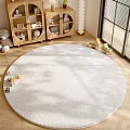 Round Rug With Soft Yellow And White Pattern In Kids Playroom Wooden Cabinets Near Window
