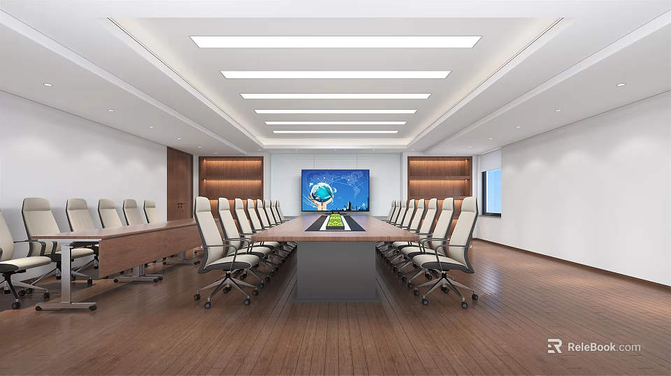 Modern Conference Room With Long Table Ergonomic Chairs And Large Screen 3d model