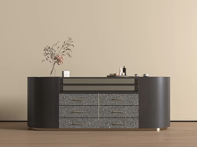 Modern Dark Gray Jewelry Cabinet With Gold Trim And Decorative Vase On Top 3d model