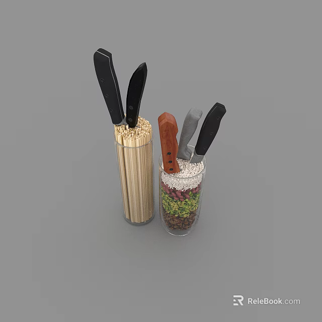 Kitchen Knives in Bamboo and Glass Knife Blocks with Black Brown Handles and Colorful Grains 3d model 