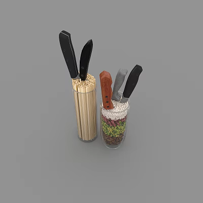 Kitchen Knives in Bamboo and Glass Knife Blocks with Black Brown Handles and Colorful Grains 3d model