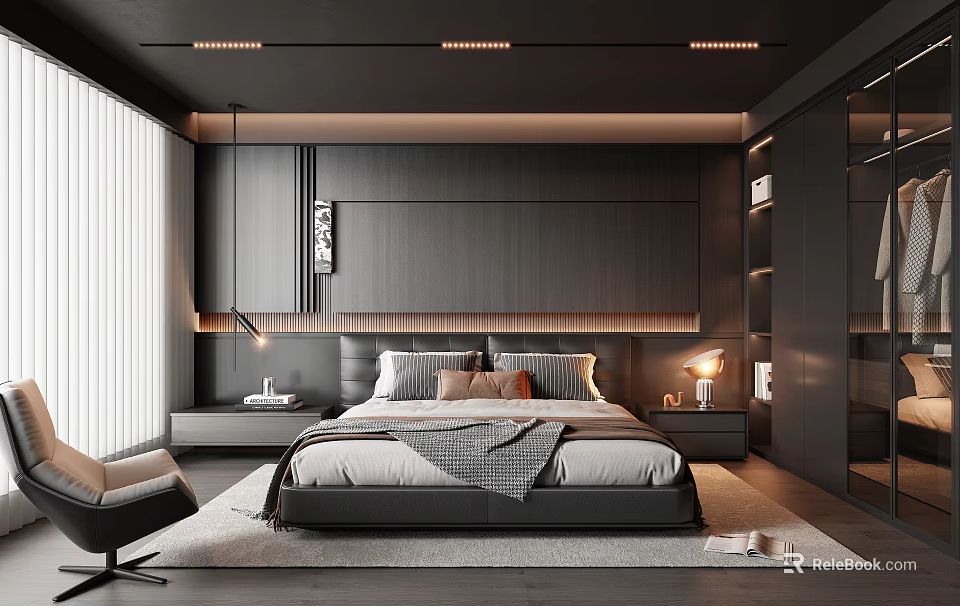 Modern Bedroom Interior Design With Dark Furniture Bed Nightstands Table Lamps Accent Chair And Large Window 3d model 