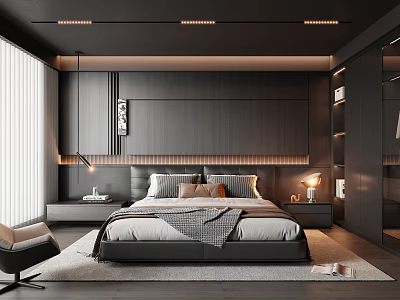 Modern Bedroom Interior Design With Dark Furniture Bed Nightstands Table Lamps Accent Chair And Large Window 3d model