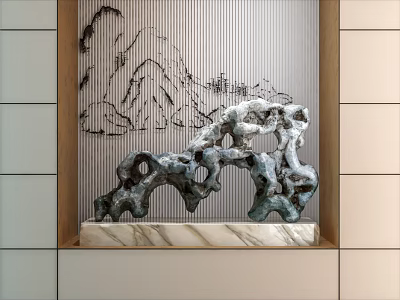 Artistic Ornament Set with Rock Like Sculpture on Marble Base and Mountain Pattern Panel 3d model