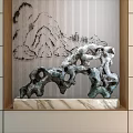 Artistic Ornament Set with Rock Like Sculpture on Marble Base and Mountain Pattern Panel