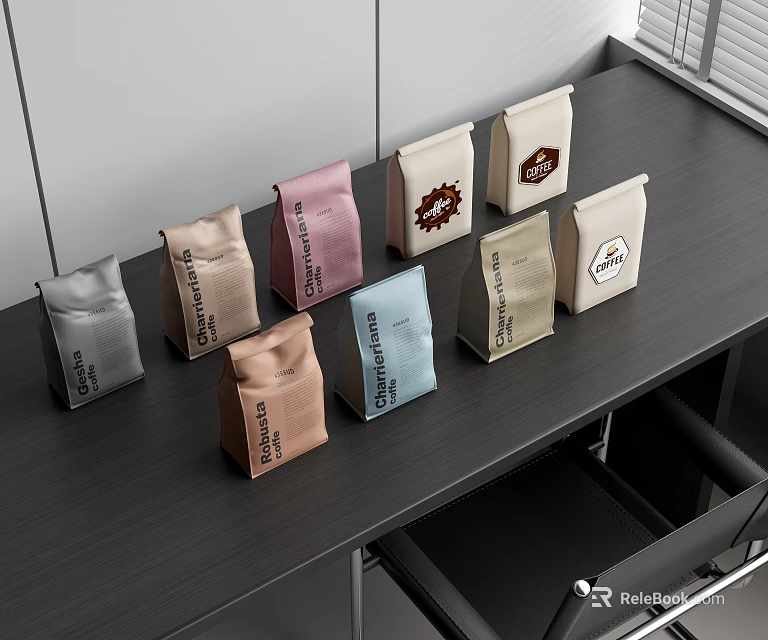 Assorted Colorful Coffee Bags Display On Black Table With Brand Labels 3d model 