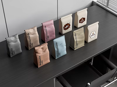 Assorted Colorful Coffee Bags Display On Black Table With Brand Labels 3d model