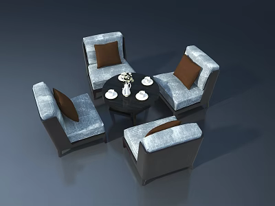 Gray And Brown Chairs Surround Black Round Coffee Table With White Tea Cups And Vase 3d model