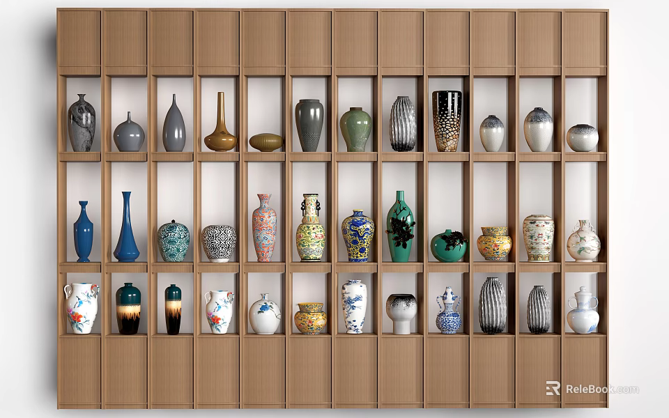 Wooden Display Shelves Showcasing Various Colored and Shaped Vases with Multiple Compartments 3d model 