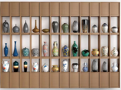 Wooden Display Shelves Showcasing Various Colored and Shaped Vases with Multiple Compartments 3d model