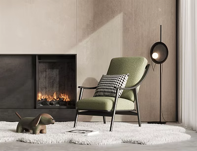 Green Single Sofa With Checkered Pillow By Burning Fireplace On White Rug 3d model