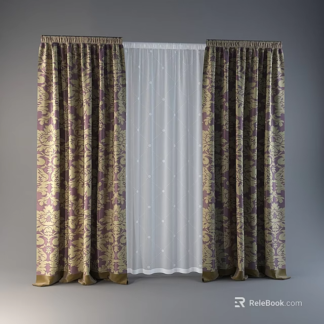 Elegant Patterned Curtains With White Sheer Layer And Gold Purple Design 3d model 