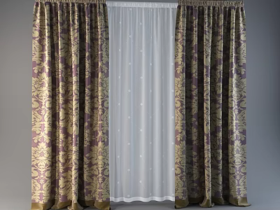 Elegant Patterned Curtains With White Sheer Layer And Gold Purple Design 3d model