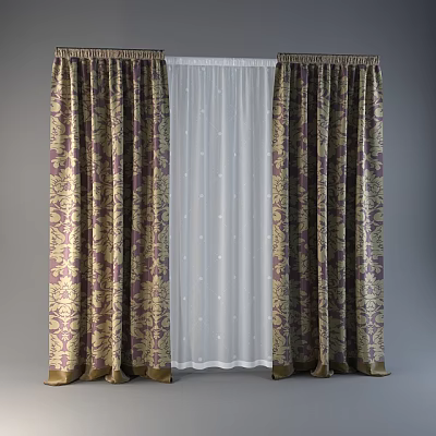 Elegant Patterned Curtains With White Sheer Layer And Gold Purple Design 3d model