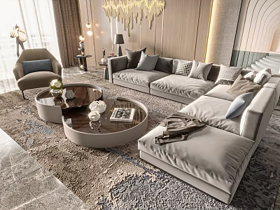 Modern Gray Sectional Sofa And Round Coffee Tables With Cushions On Patterned Rug 3d model