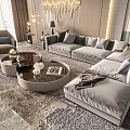 Modern Gray Sectional Sofa And Round Coffee Tables With Cushions On Patterned Rug 3d model