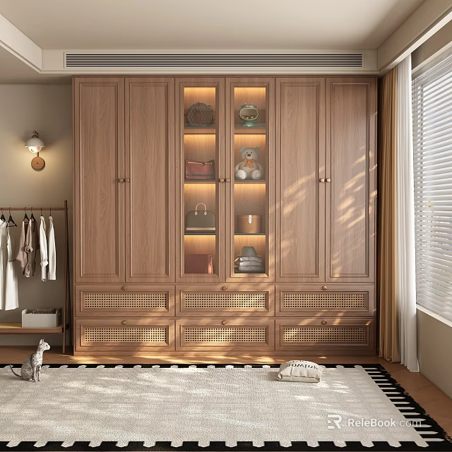 Natural Wooden Wardrobe With Glass Display Shelves Woven Drawers And Warm Lighting 3d model 
