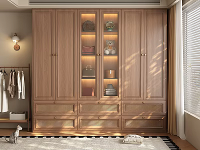 Natural Wooden Wardrobe With Glass Display Shelves Woven Drawers And Warm Lighting 3d model