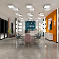 Modern Furniture Store Interior With Reception Desk Dining Table Chairs And Ceiling Lights