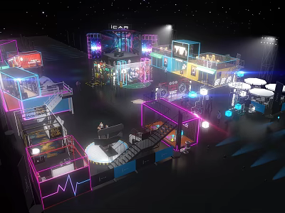 Modern Exhibition Booths With Colorful Lighting And Various Display Structures 3d model