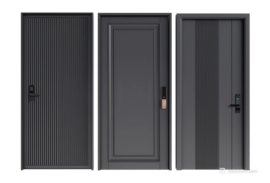Black Modern Security Doors With Vertical Stripes Smooth Panel And Secure Locks 3d model 