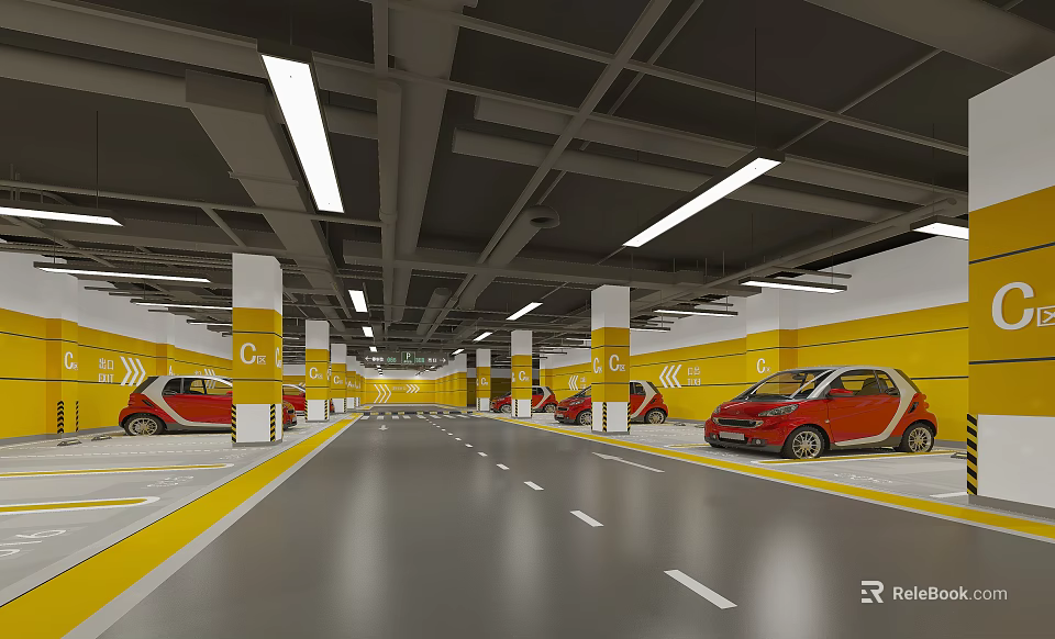 Modern Parking Garage With Yellow Pillars Red Cars And White Ceiling Lights 3d model 