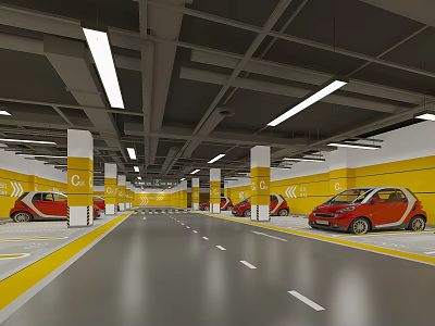 Modern Parking Garage With Yellow Pillars Red Cars And White Ceiling Lights 3d model