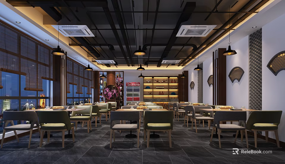 Spacious Restaurant Interior With Wooden Tables Chairs Pendant Lights Display Shelves Gray Floor Tiles 3d model 