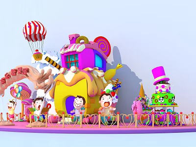 Colorful Candy Themed Playground With Cartoon Characters Hot Air Balloon Lollipop And Cake Buildings 3d model