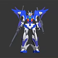Blue and white sci-fi robot model with winged shoulders and holding weapons 3d model