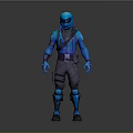 Blue Masked Game Character In Full Body Armor With Black Tactical Gear And 3D Standing Model
