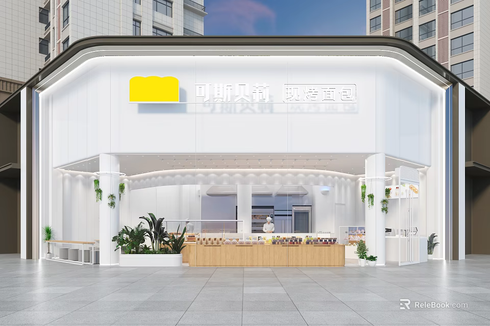 Modern White Bakery Storefront With Green Plants 3d model 