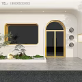 Modern White Storefront With Arched Elements Golden Doors Black Framed Window And Green Plants 3d model