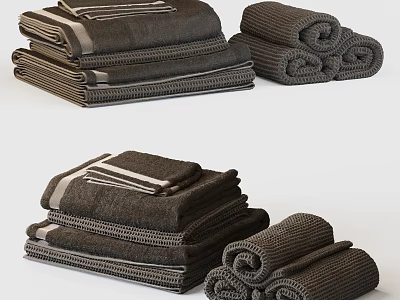 Bathroom Towels In Dark Brown With Striped Folded And Rolled Styles 3d model